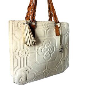 Brighton embossed off white leather tassel shoulder tote bag